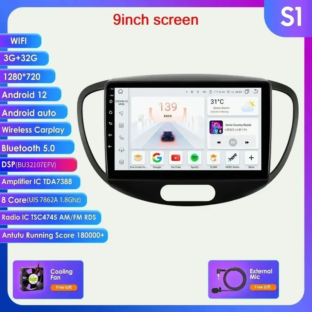 Hyundai I10 2007-2013 9"/10,33" Android 14 Carplay Android auto wireless wifi bt gps 4g  AUTMMDSZ
