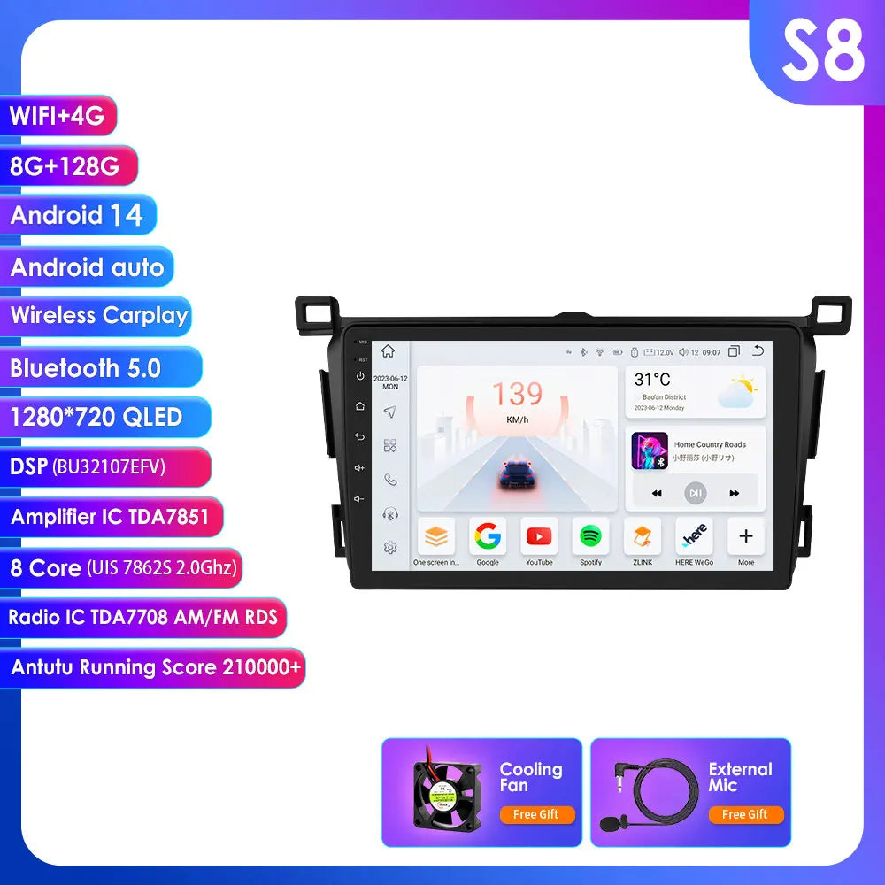 Toyota RAV4 Rav 4 2013-2018 9" Android 14 Carplay Android auto wireless wifi bt gps 4g  AUTM4VARTY