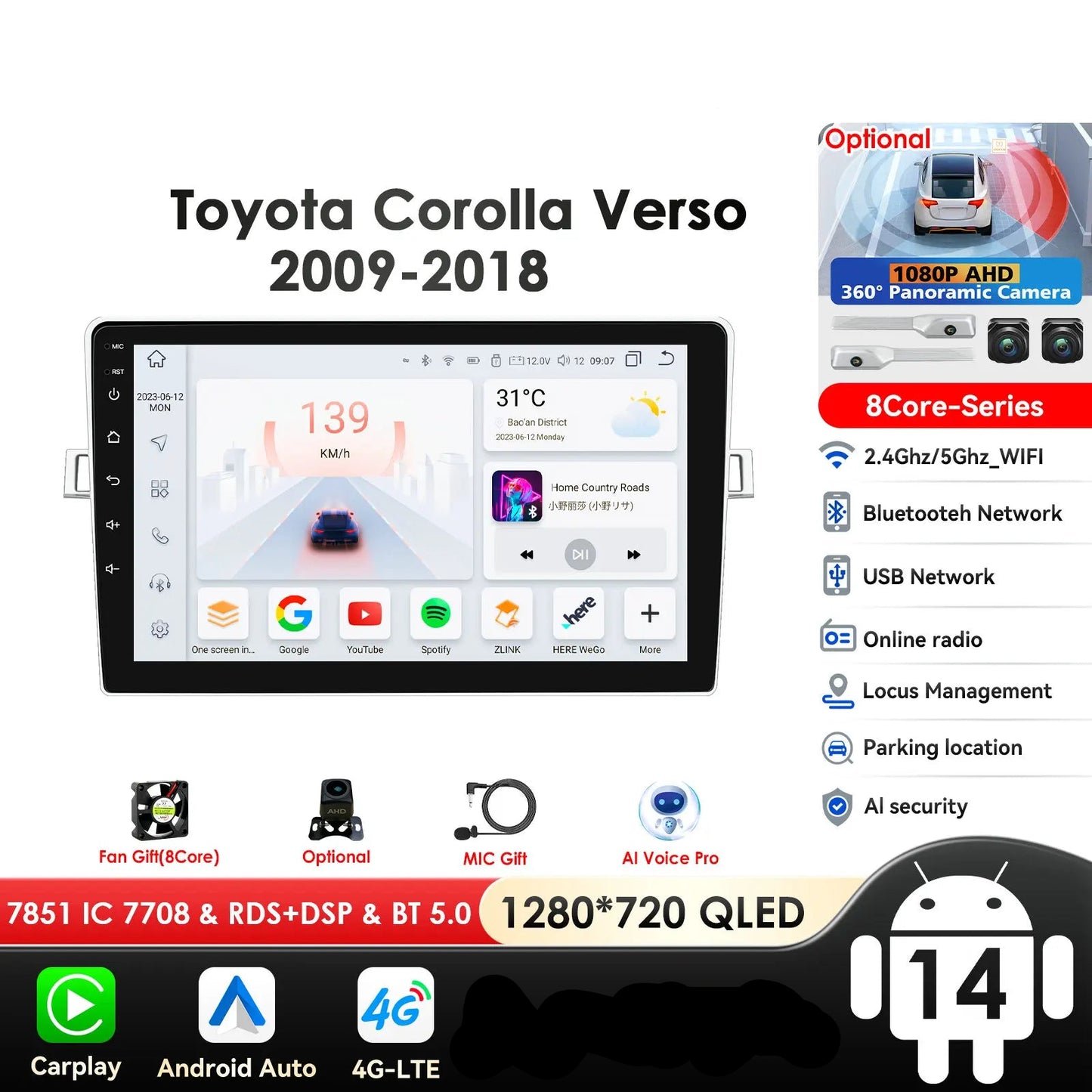 Toyota Corolla Verso 2010-2018 9" Android 14 Carplay Android auto wireless wifi bt gps 4g  AUTM348A