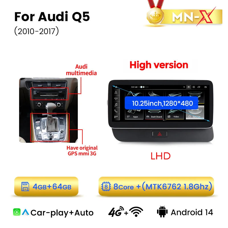 Audi Q5 2009-2016 10,25" Android 14 Wireless CarPlay Android Auto Radio Multimedia 4G DSP Navigatore  AUTM9NRU