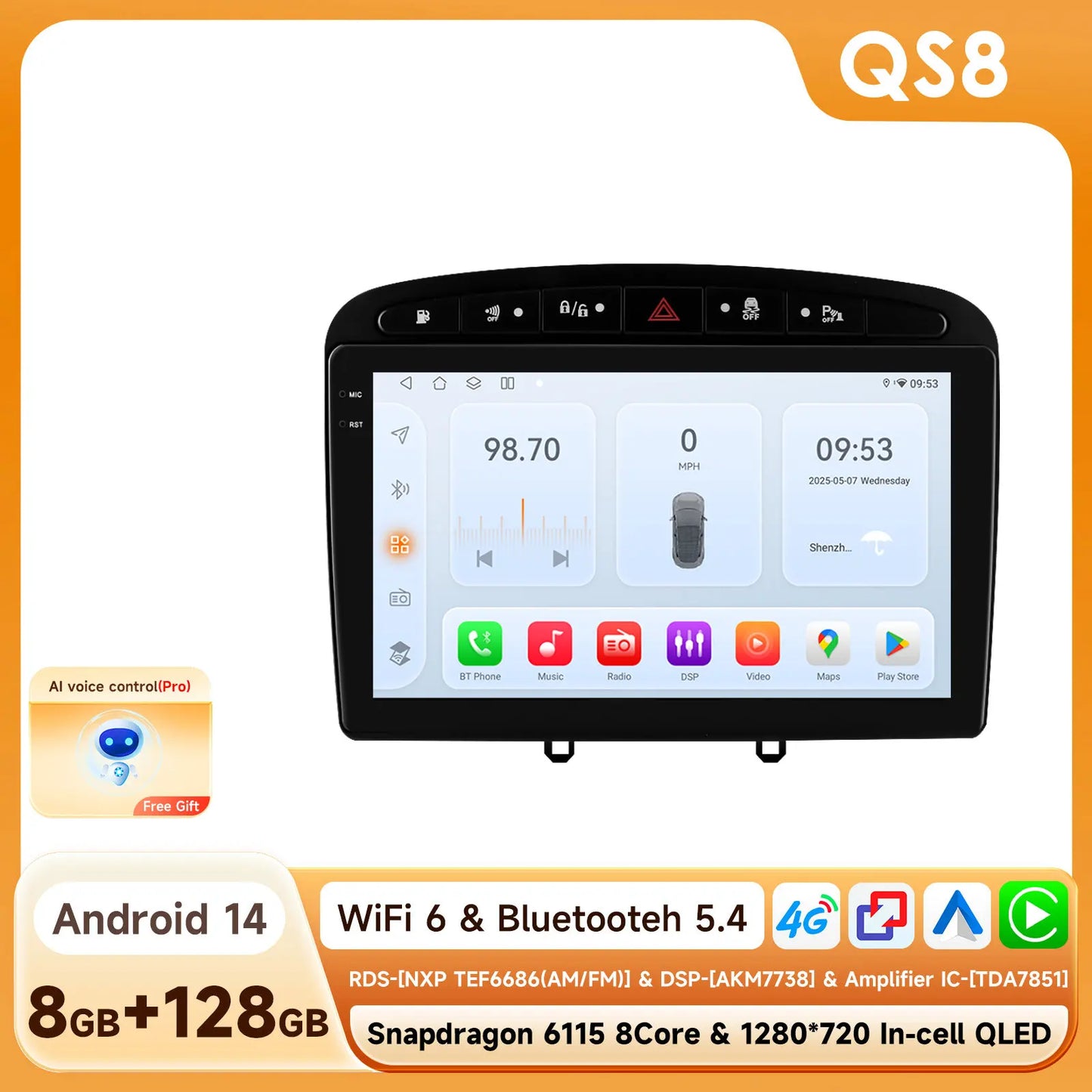 Peugeot 308 308SW Peugeot 9" Android 14 Carplay Android auto wireless wifi bt gps 4g  AUTMAJNZ