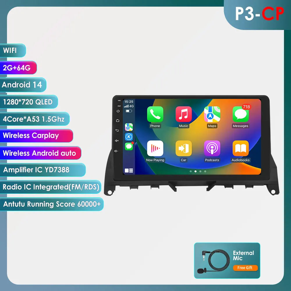 Mercedes Benz C-Class W204 S204 2007 - 2010 9" Android 14 Carplay Android auto wireless wifi bt gps 4g AUTMJ8L7