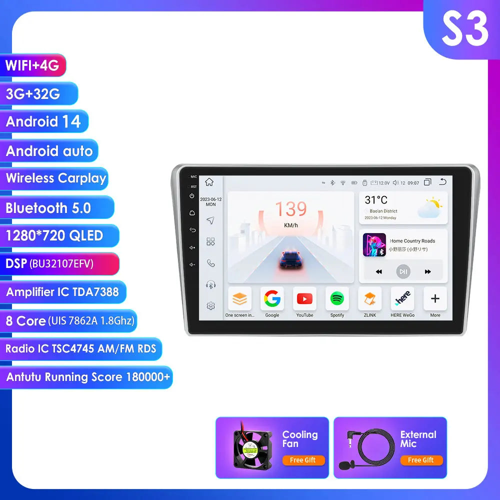 Toyota Avensis T25 2002- 2008 9" Android 14 Carplay Android auto wireless wifi bt gps 4g  AUTM01HZ