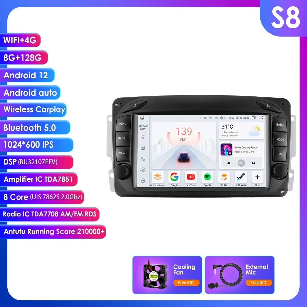 Mercedes Benz CLK C209 W209 W203 W463 W168 Viano 7" Android 14 Carplay Android auto wireless wifi bt gps 4g  AUTM3WB7