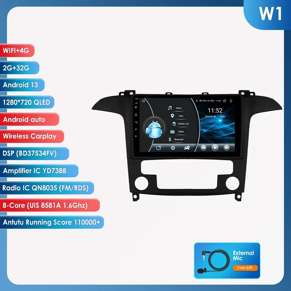 Ford S Max S-MAX 2007-2015 9" Android 14 Carplay Android auto wireless wifi bt gps 4g  AUTMUZ3Y