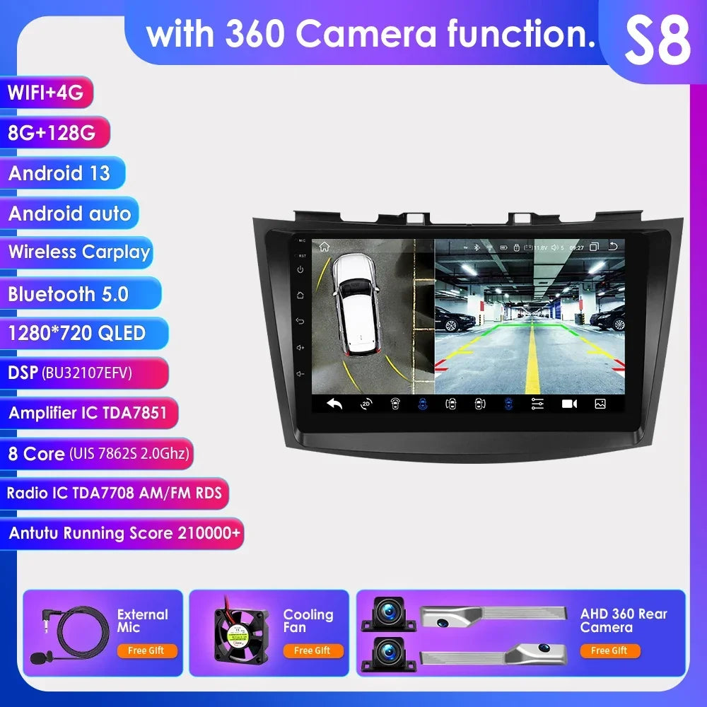 Suzuki Swift 4 2011-2015 9" Android 14 Carplay Android auto wireless wifi bt gps 4g  AUTMSCNB