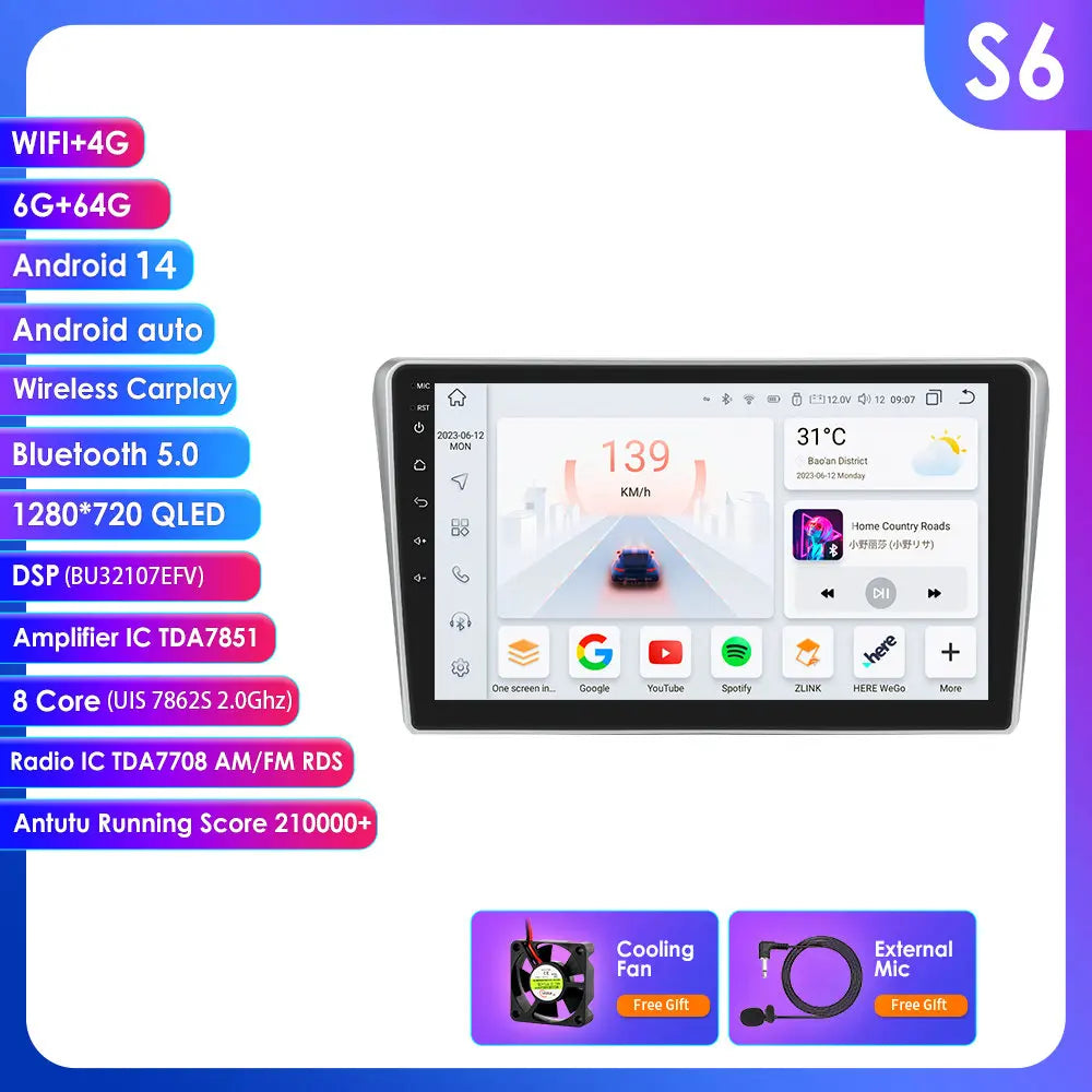 Toyota Avensis T25 2002- 2008 9" Android 14 Carplay Android auto wireless wifi bt gps 4g  AUTM01HZ
