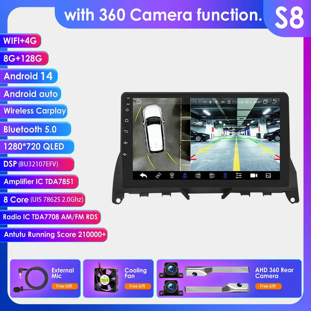 Mercedes Benz C-Class W204 S204 2007 - 2010 9" Android 14 Carplay Android auto wireless wifi bt gps 4g AUTMJ8L7