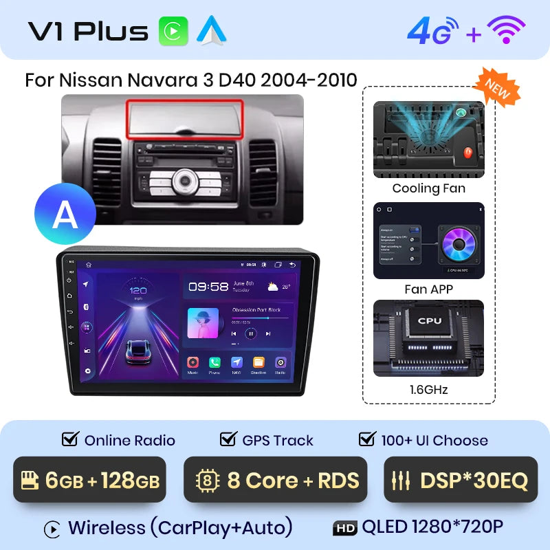 NISSAN NAVARA 2006 -2012 9" Wireless CarPlay Android Auto  RDS GPS 4G WIFI Multimedia autoradio AUTMNISNV2