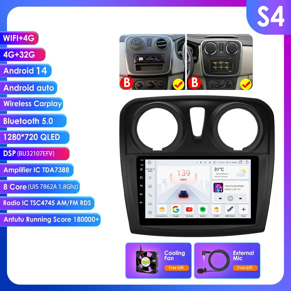 Dacia Logan 2 II Sandero 2  2012-2019 9" Android 14 Carplay Android auto wireless wifi bt gps 4g AUTMH2D9