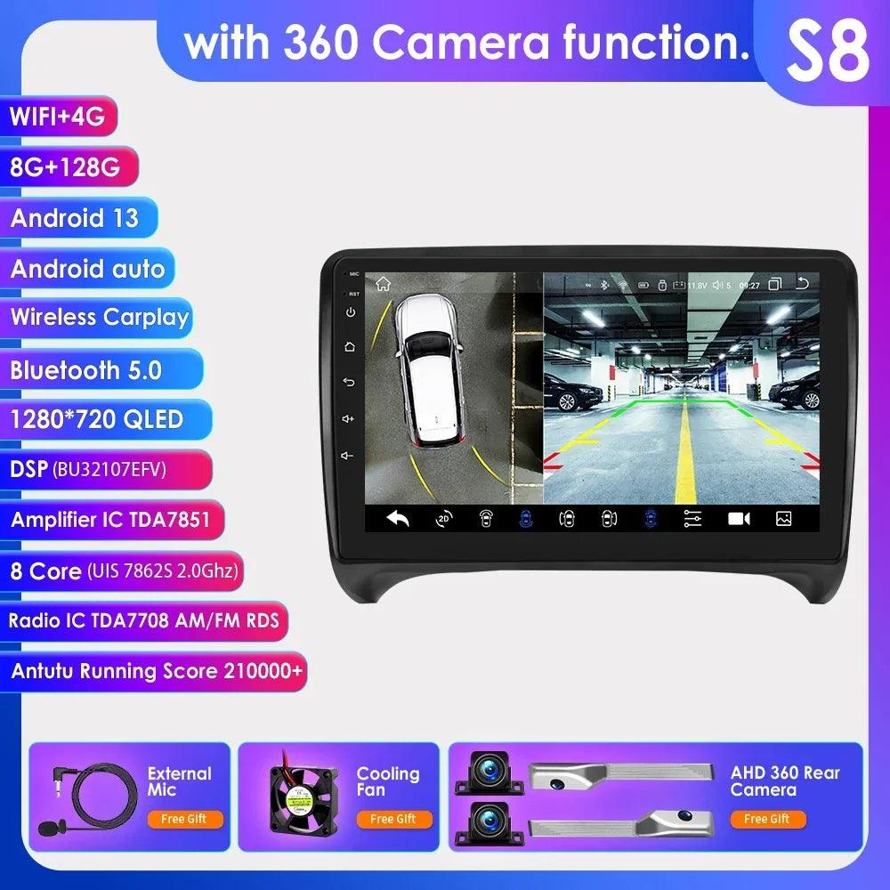AUDI TT MK2 8J 2006 -2014 9" Android 14 Carplay Android auto wireless wifi bt gps 4g  AUTMMWU1