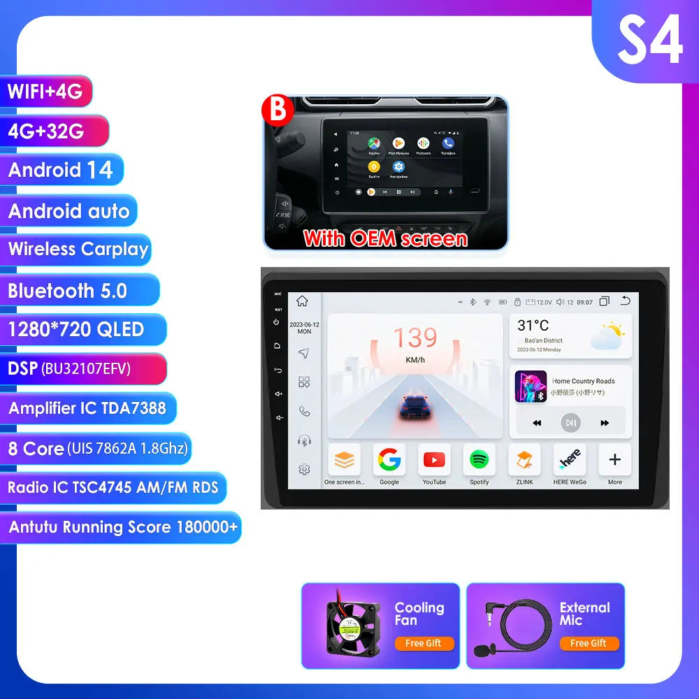 Dacia Duster  Renault Arkana 10,1" / 10,33" Android 14 Carplay Android auto wireless wifi bt gps 4g AUTMLWKH