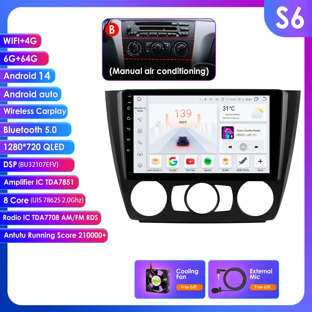 BMW 1 Series E81 E82 E87 E88 2004-2011 9" Android 14 Carplay Android auto wireless wifi bt gps 4g  AUTM9KFA