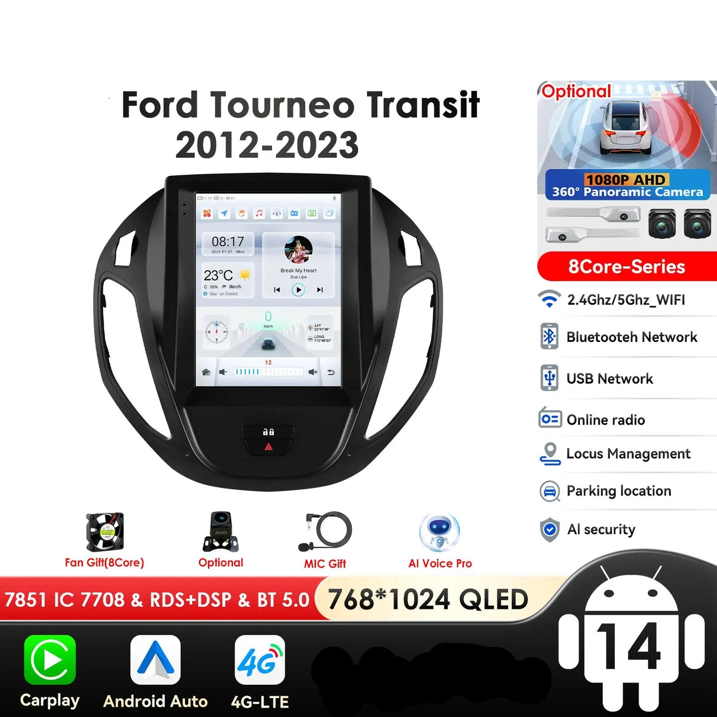 Ford Transit Tourneo / Ford B-Max 2012-2023 9,7" Android 14 Carplay Android auto wireless wifi bt gps 4g AUTM1KTA