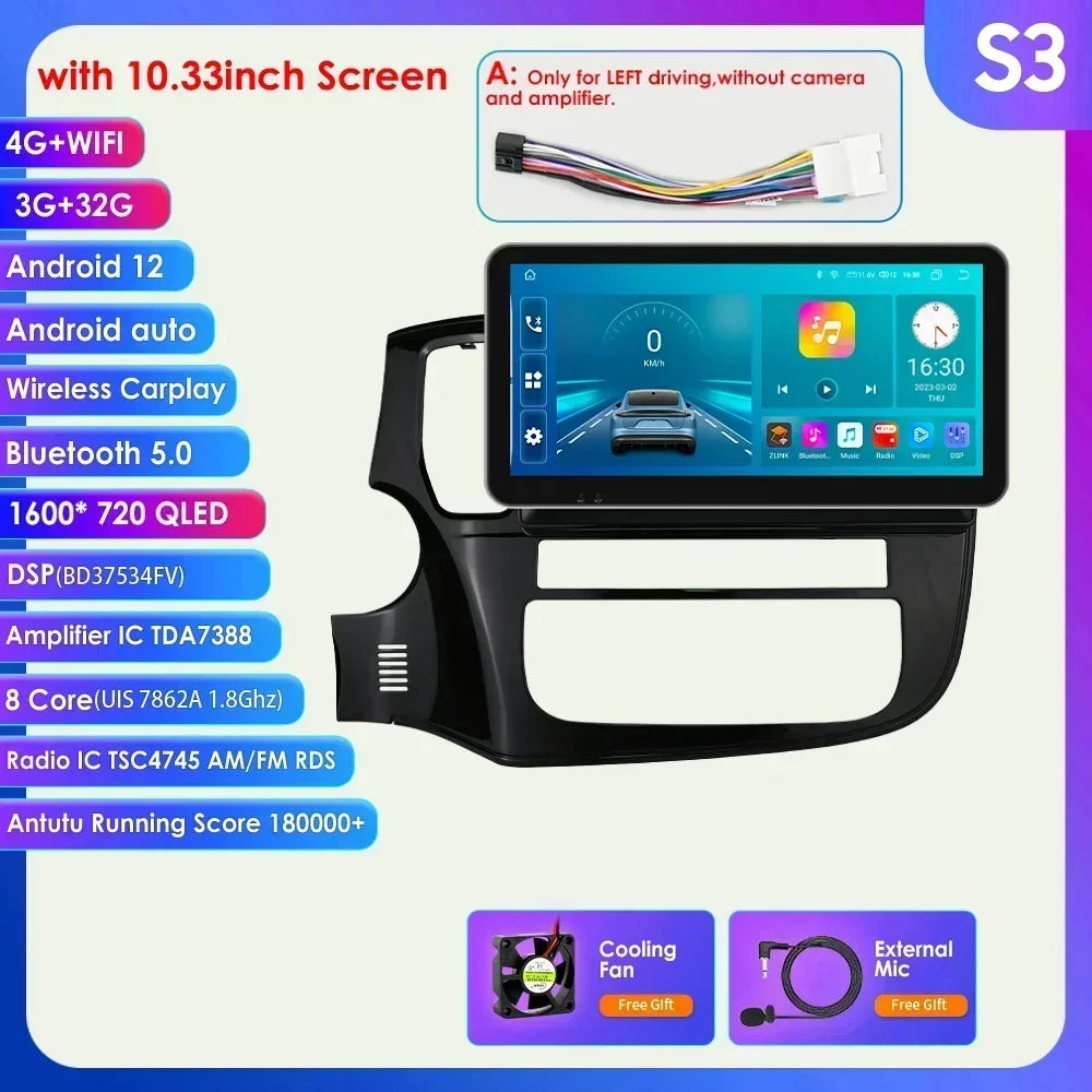 Mitsubishi Outlander 3 GF0W GG0W Xl 10,1" / 10,33" Android 14 Carplay Android auto wireless wifi bt gps 4g  AUTMQMHH