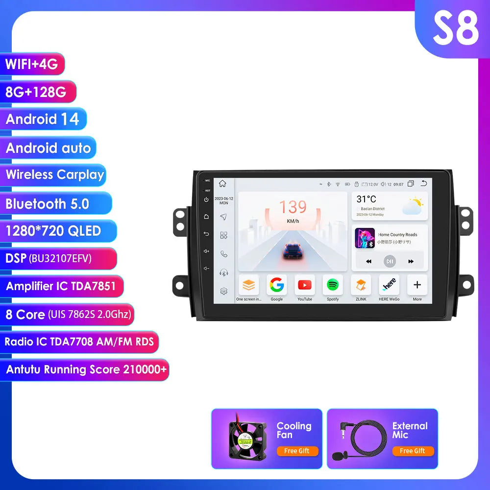 Suzuki SX4/Fiat sedici  2005-2014 9" Android 14 Carplay Android auto wireless wifi bt gps 4g AUTMDSJD
