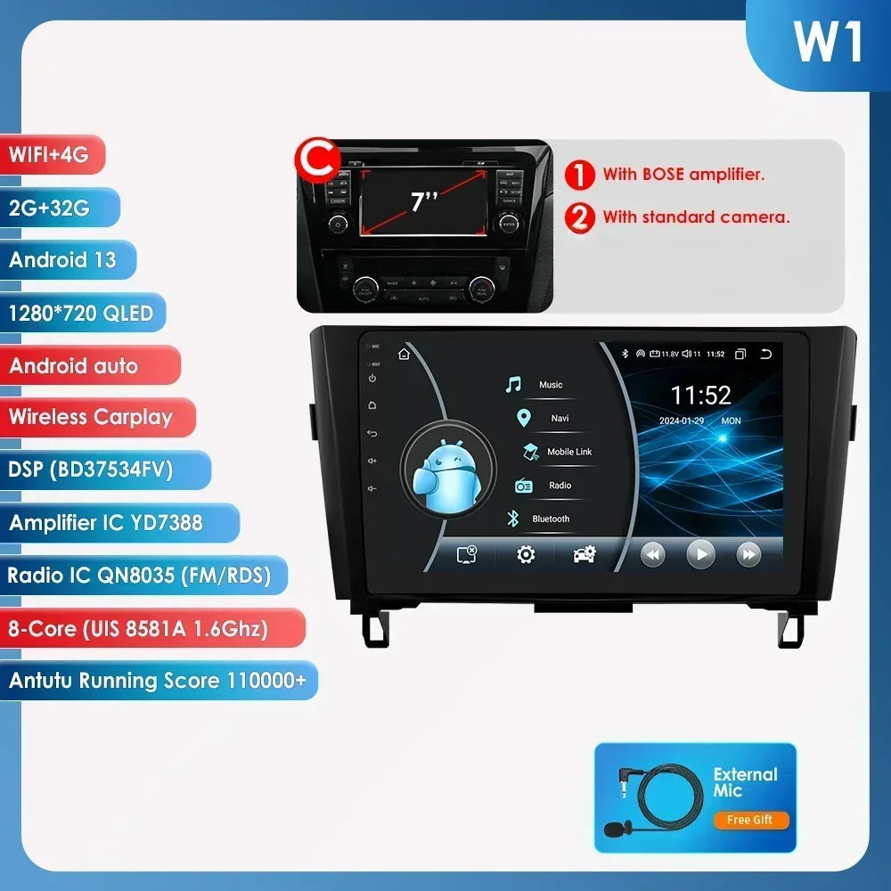 Nissan X-Trail Xtrail X Trail 3 T32 Qashqai 2 J11 2014-2018  10" Android 14 Carplay Android auto wireless wifi bt gps 4g AUTMSINJ11