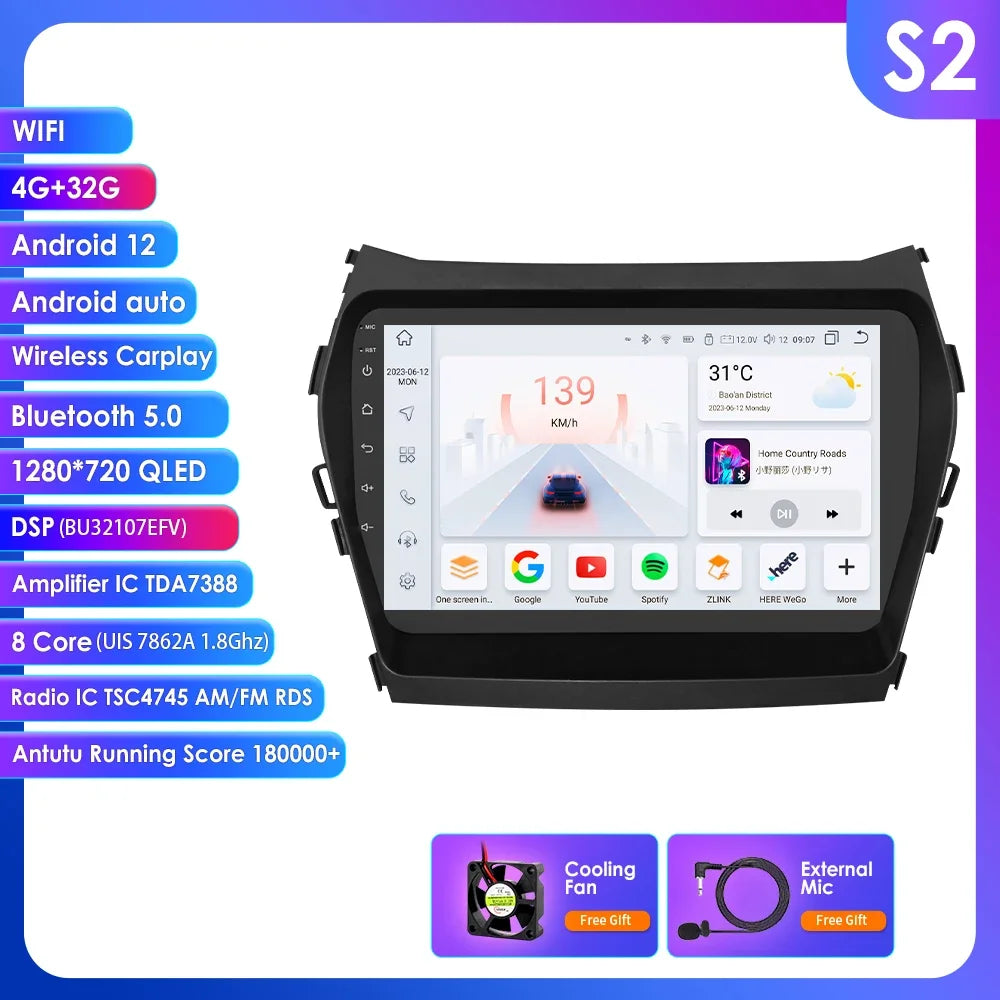 Hyundai Santa Fe 3 2013-2017 IX 45 9" / 10,33" Android 14 Carplay Android auto wireless wifi bt gps 4g  AUTM1AC6