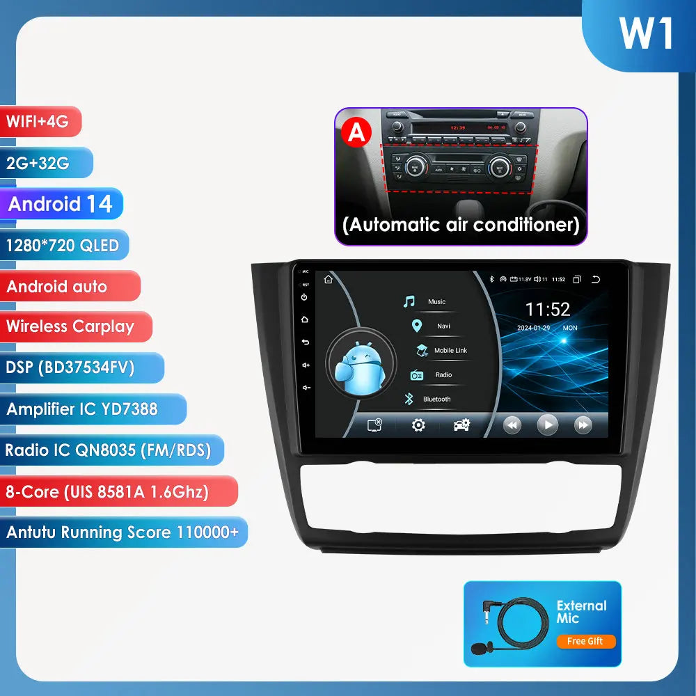 BMW 1 Series E81 E82 E87 E88 2004-2011 9" Android 14 Carplay Android auto wireless wifi bt gps 4g  AUTM9KFA