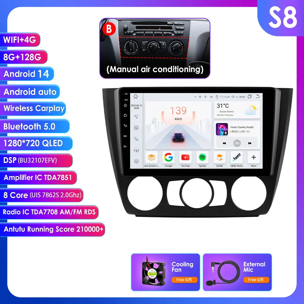 BMW 1 Series E81 E82 E87 E88 2004-2011 9" Android 14 Carplay Android auto wireless wifi bt gps 4g  AUTM9KFA