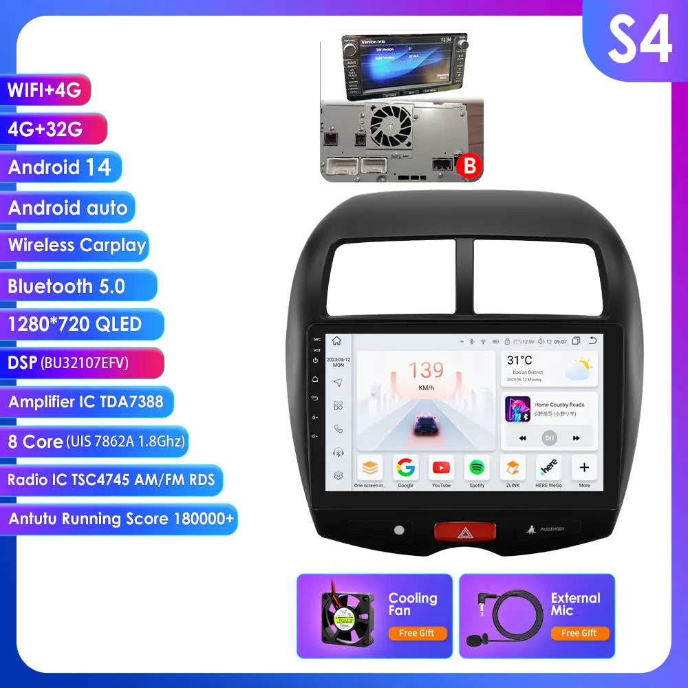 Mitsubishi ASX 1 2010 - 2018/ Citroen C4 aircross 9"Android 14 Carplay Android auto wireless wifi bt gps 4g RDS AUTMMTBSX