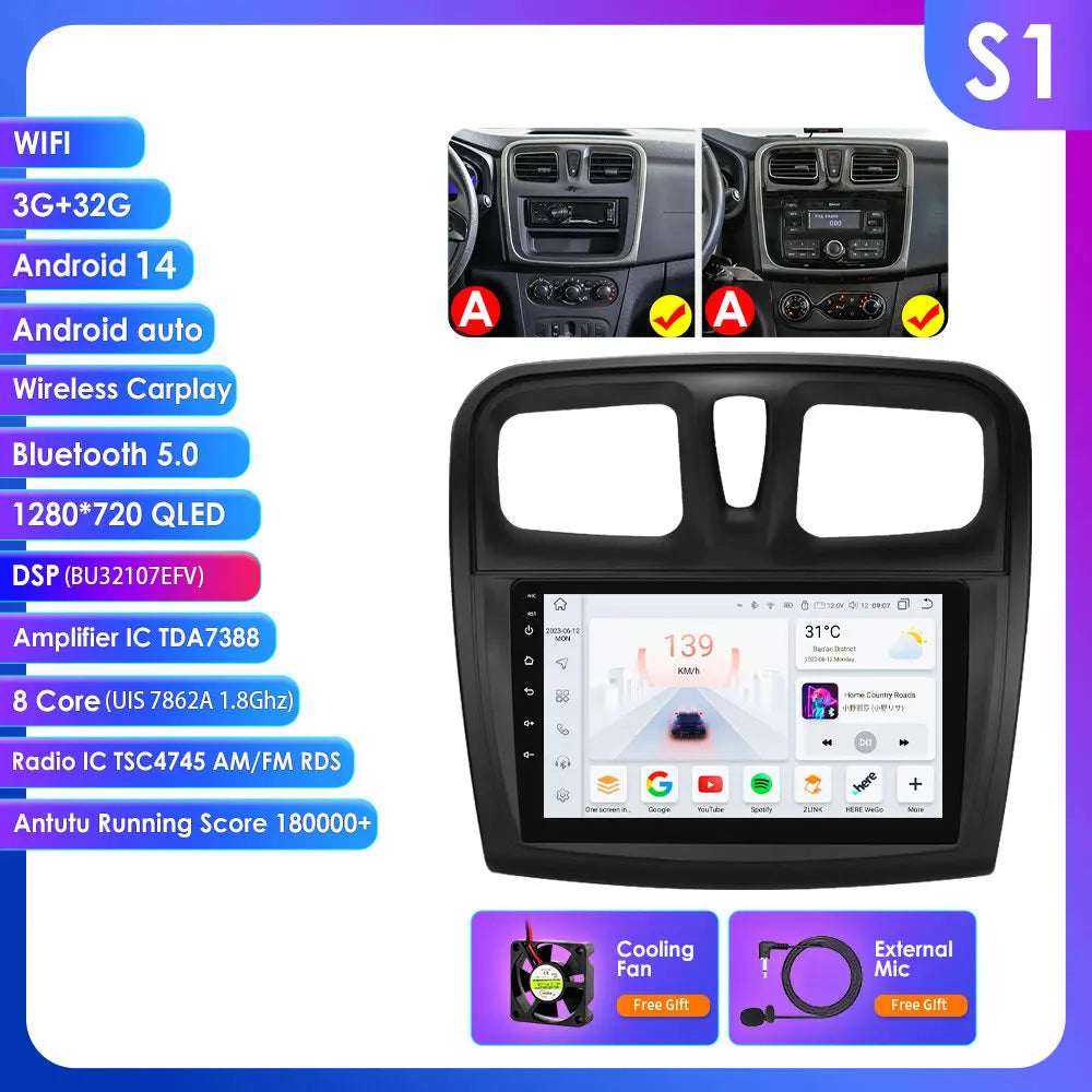 Dacia Logan 2 II Sandero 2  2012-2019 9" Android 14 Carplay Android auto wireless wifi bt gps 4g AUTMH2D9