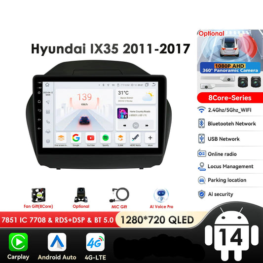 Hyundai Tucson 2 LM IX 35 2009-2015 9"  Android 14 Carplay Android auto wireless wifi bt gps 4g  AUTMKXK8