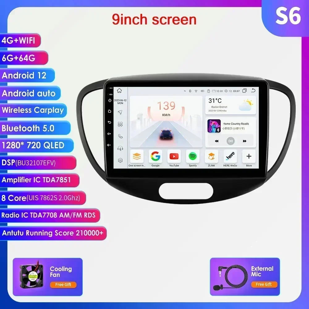 Hyundai I10 2007-2013 9"/10,33" Android 14 Carplay Android auto wireless wifi bt gps 4g  AUTMMDSZ