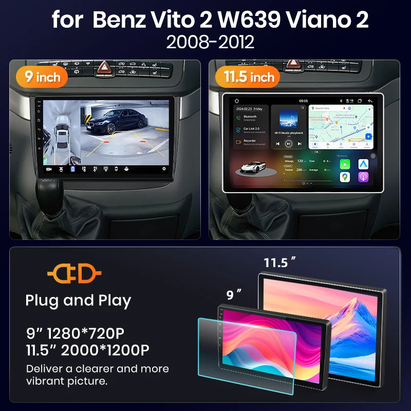 Mercedes Benz Vito 2 W639 Viano 2 2003-2015 9"  Wireless CarPlay Android Auto Wireless Radio rds   4G WiFi GPS bluetooth   AUTMRXYE