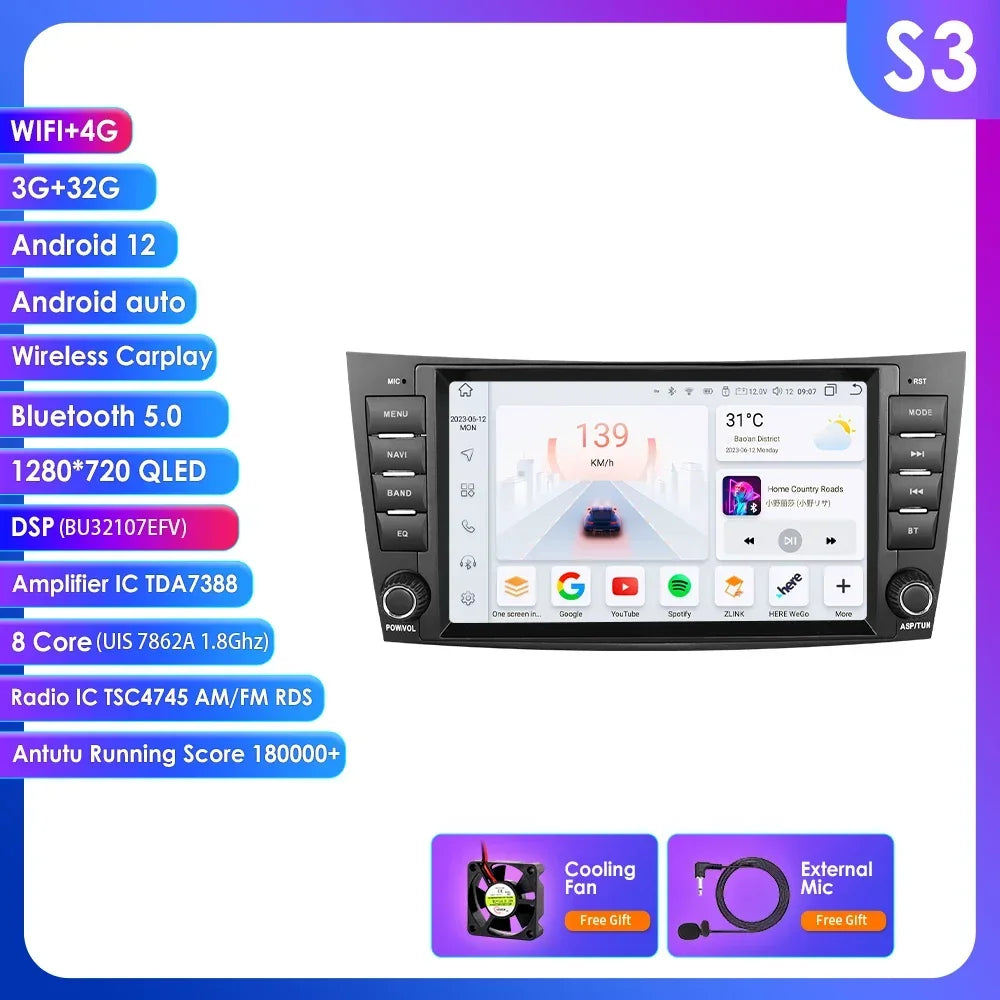 Mercedes Benz E-class W211 E200 E220 E300 E350 E240 E270 E280 W219 8" Android 14 Carplay Android auto wireless wifi bt gps 4g  AUTMDBW0