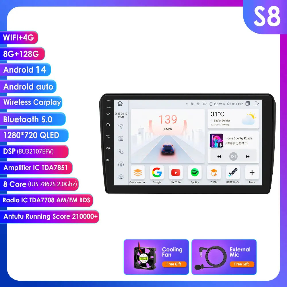 Audi RS3 Sportback A3 8P S3 2003-2012 9" Android 14 Carplay Android auto wireless wifi bt gps 4g  AUTMS8L6