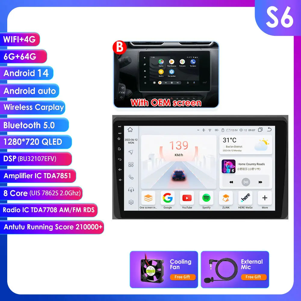Dacia Duster  Renault Arkana 10,1" / 10,33" Android 14 Carplay Android auto wireless wifi bt gps 4g AUTMLWKH