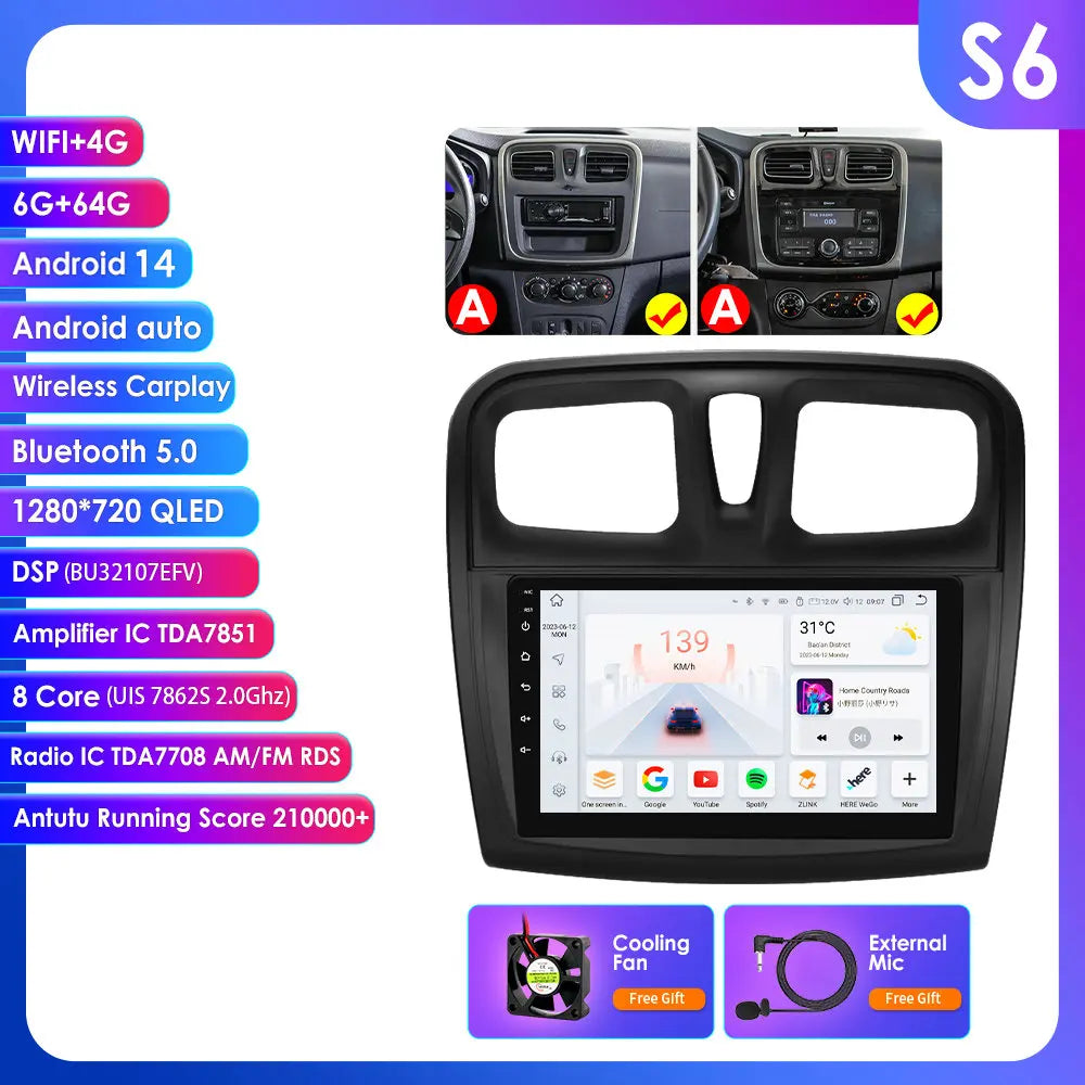 Dacia Logan 2 II Sandero 2  2012-2019 9" Android 14 Carplay Android auto wireless wifi bt gps 4g AUTMH2D9