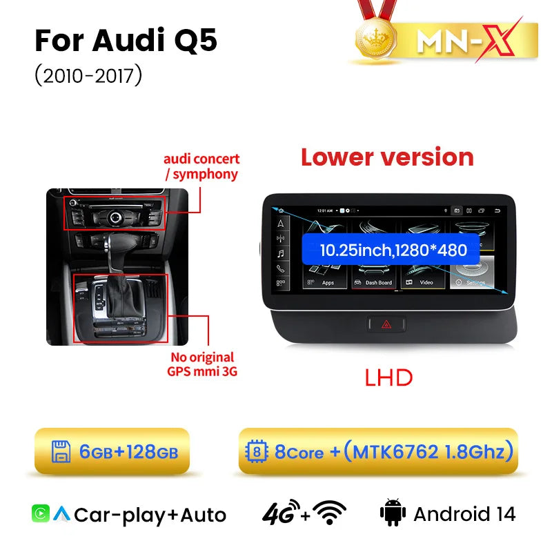 Audi Q5 2009-2016 10,25" Android 14 Wireless CarPlay Android Auto Radio Multimedia 4G DSP Navigatore  AUTM9NRU