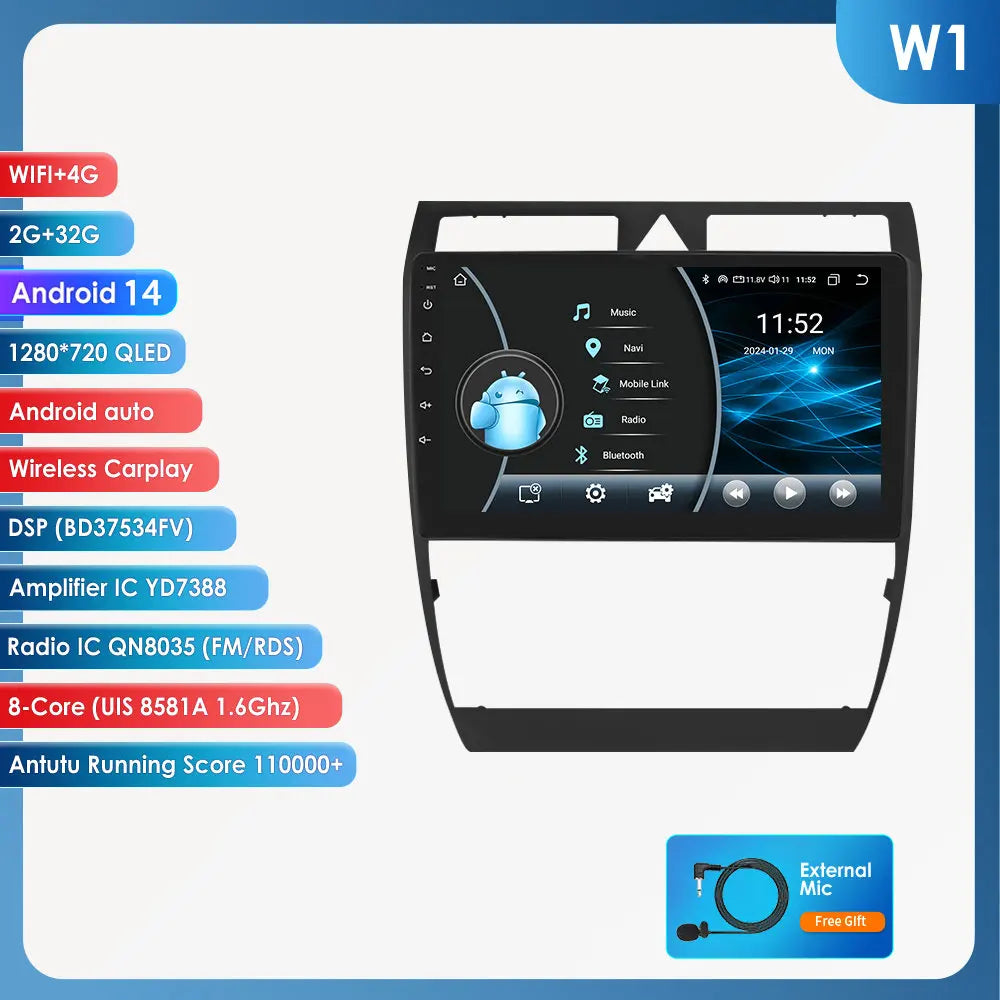 Audi A6 C5 1997-2004 S6 RS6 9" Android 14 Carplay Android auto wireless wifi bt gps 4g  AUTMA9VK