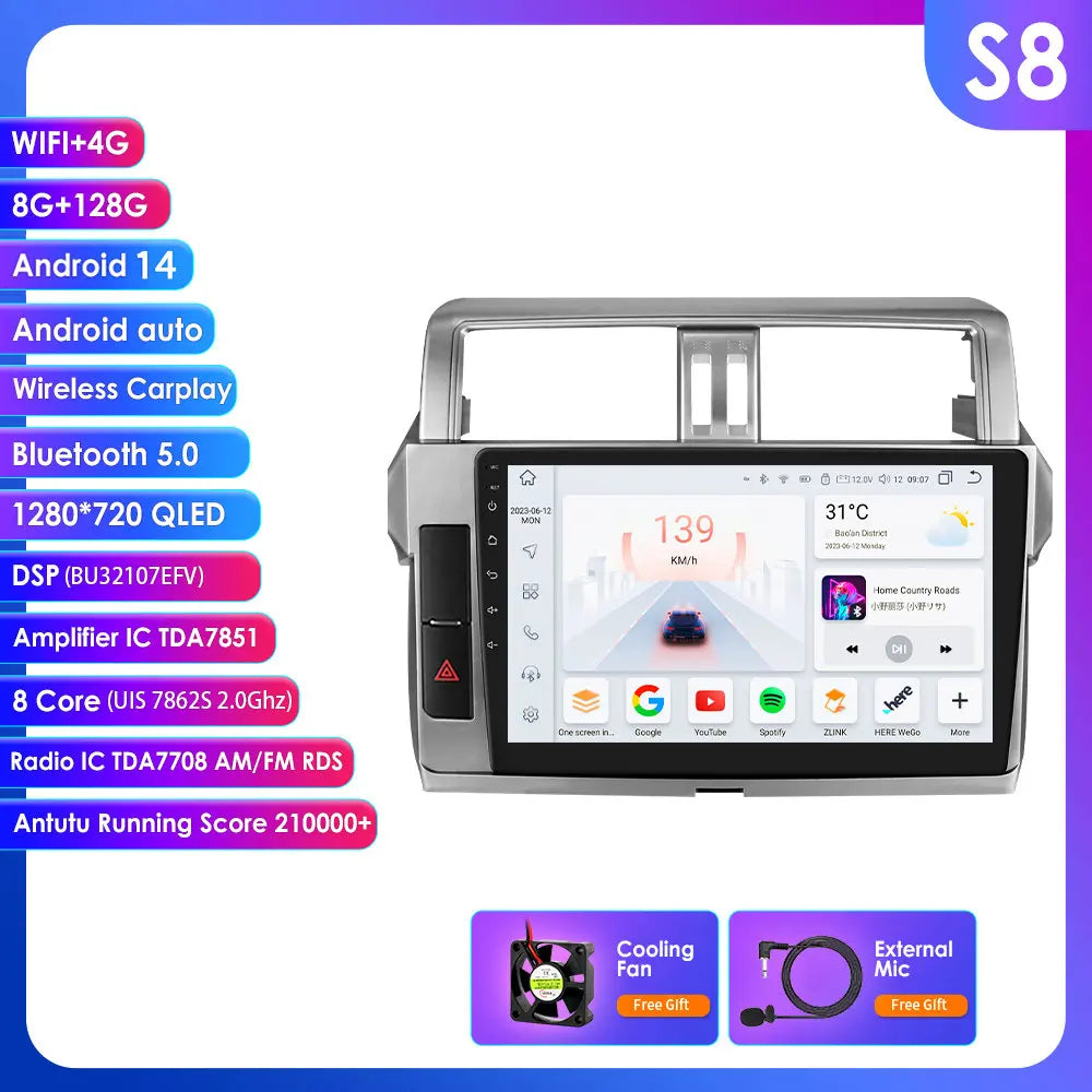 Toyota Land Cruiser Prado 150 2013 - 2017   9" Android 14 Carplay Android auto wireless wifi bt gps 4g   AUTMPRCLLT