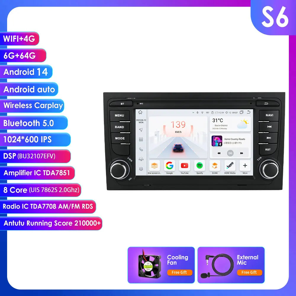 Audi A4 B9 B8 B7 B6 S4 RS4 SEAT Exeo 2000-2008 7" Android 14 Carplay Android auto wireless wifi bt gps 4g AUTM1EB1