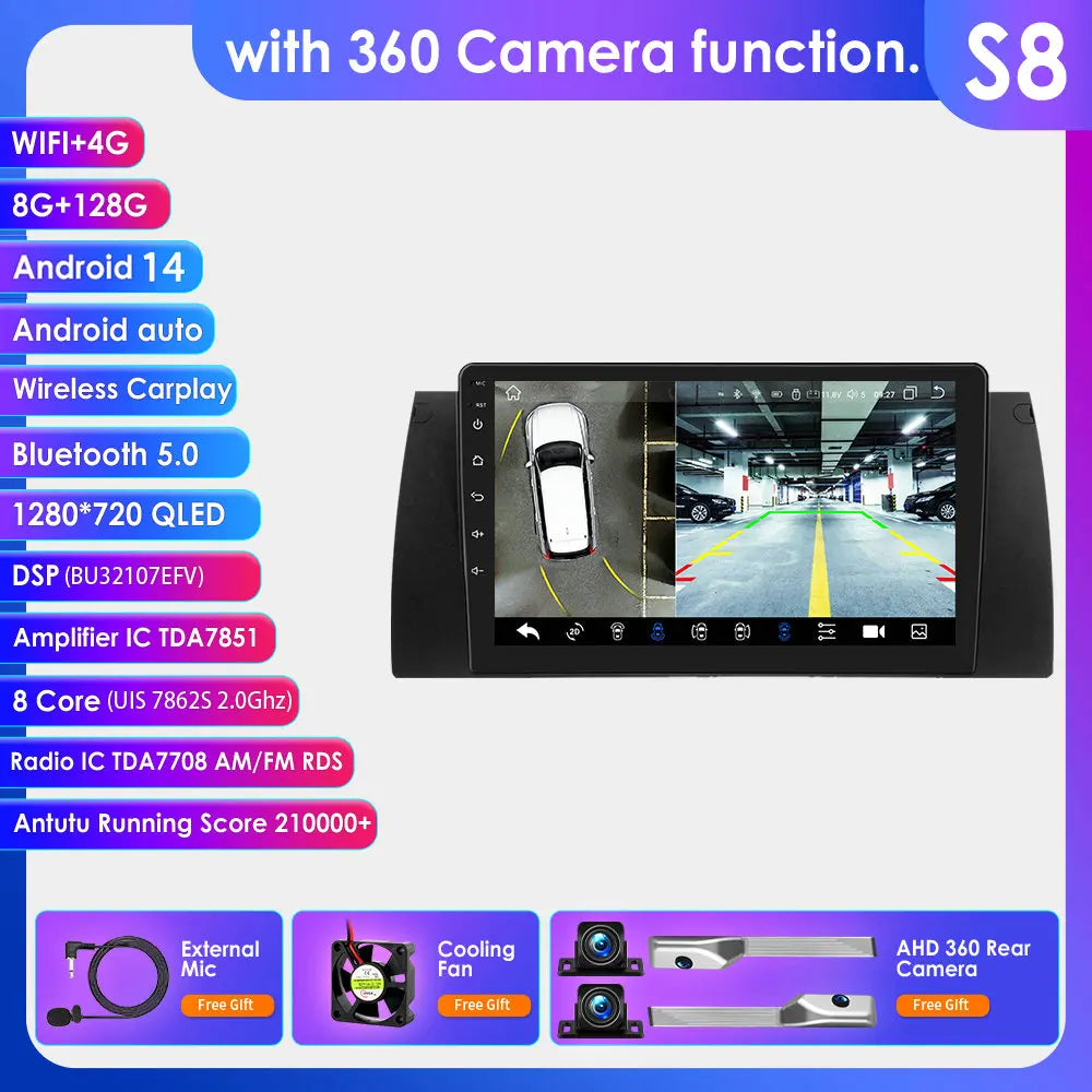 BMW 5 E39 E53 X5 1995-2006 9" Android 14 Carplay Android auto wireless wifi bt gps 4g  AUTM4O3C
