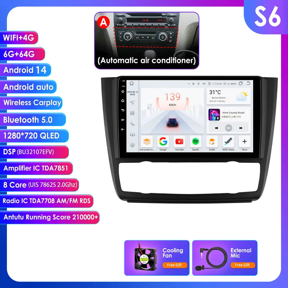 BMW 1 Series E81 E82 E87 E88 2004-2011 9" Android 14 Carplay Android auto wireless wifi bt gps 4g  AUTM9KFA