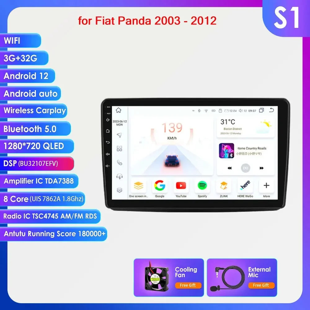 Fiat Panda 2003 - 2012 9" Android 14 Carplay Android auto wireless wifi bt gps 4g  AUTMWUM9