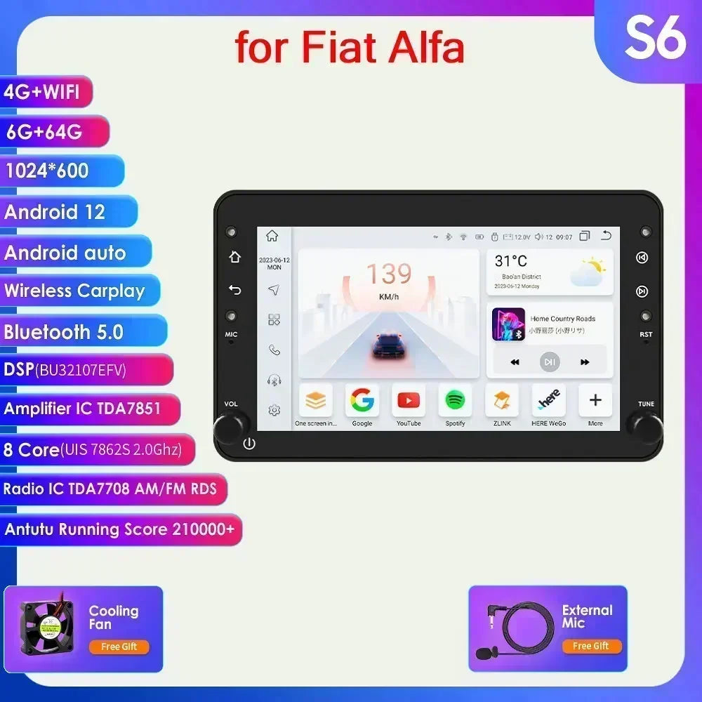 Alfa Romeo 159 Brera Spider 7" Android 14 Carplay Android auto wireless wifi bt gps 4g  AUTMS04A