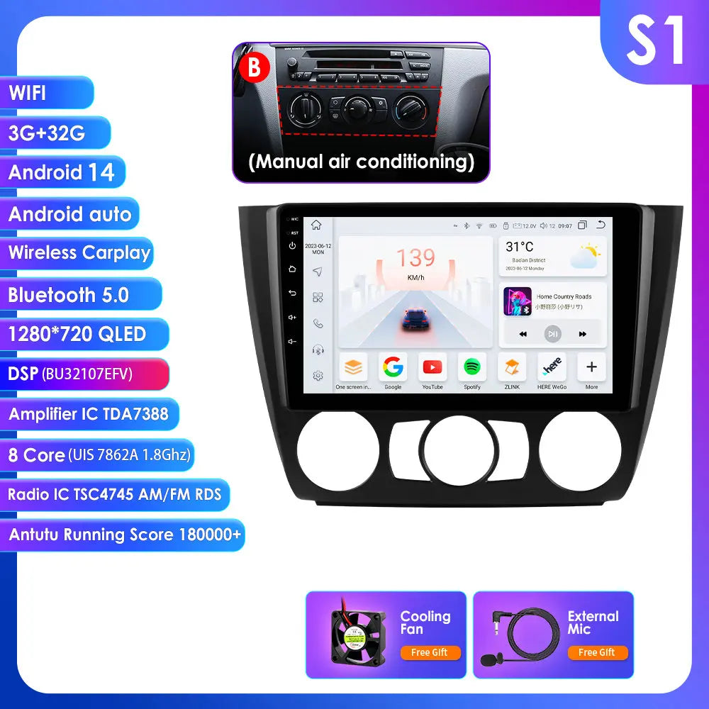 BMW 1 Series E81 E82 E87 E88 2004-2011 9" Android 14 Carplay Android auto wireless wifi bt gps 4g  AUTM9KFA