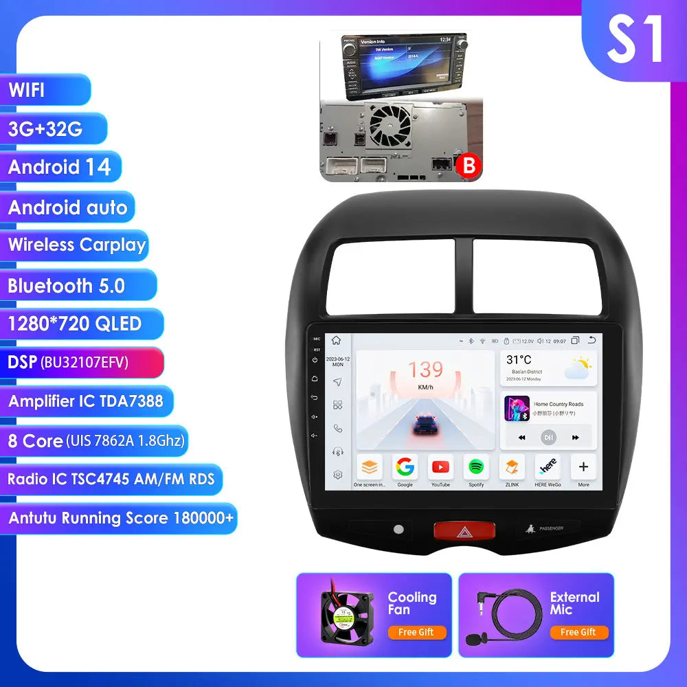 Mitsubishi ASX 1 2010 - 2018/ Citroen C4 aircross 9"Android 14 Carplay Android auto wireless wifi bt gps 4g RDS AUTMMTBSX