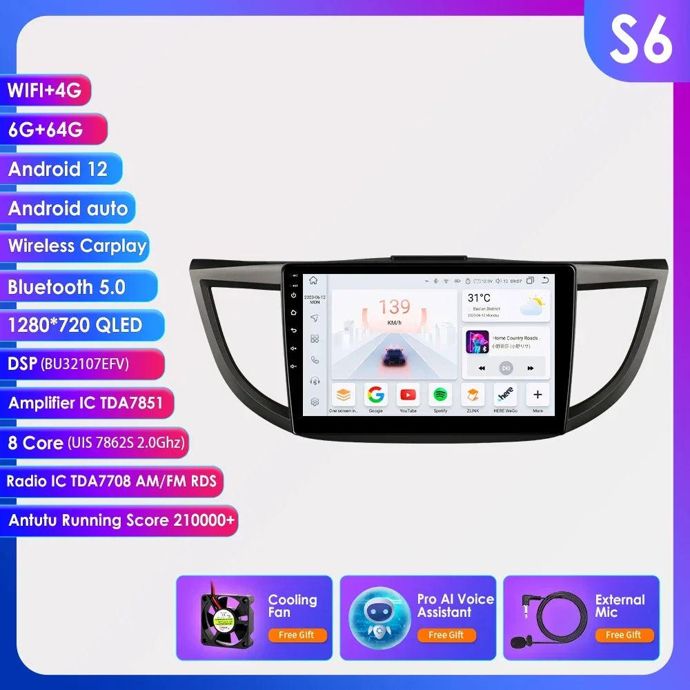 Honda CRV 4th 2012-2016 9" Android 14 Carplay Android auto wireless wifi bt gps 4g AUTMVCRH4