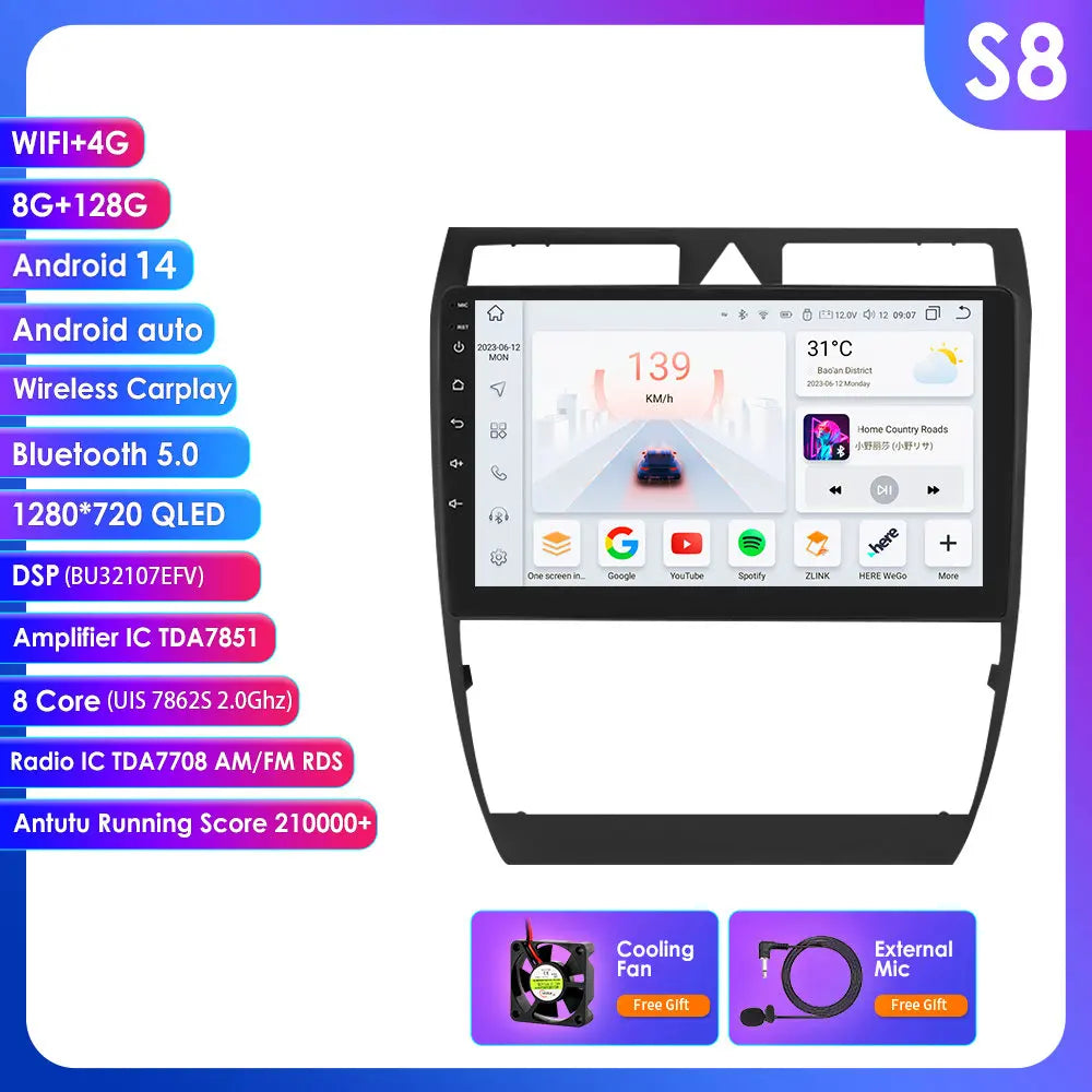 Audi A6 C5 1997-2004 S6 RS6 9" Android 14 Carplay Android auto wireless wifi bt gps 4g  AUTMA9VK