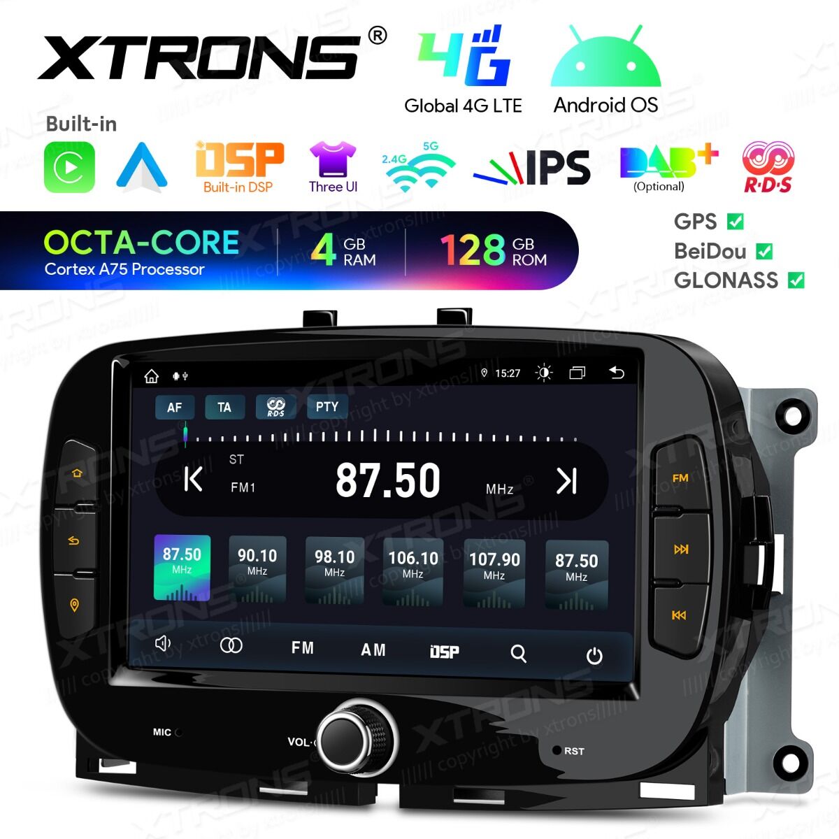 Fiat 500/Abarth 500 (2016-2019) 7 pollici Octa Core 4+128GB Global 4G Carplay Android auto Wireless BT GPS WIFI USB IAH74500FL