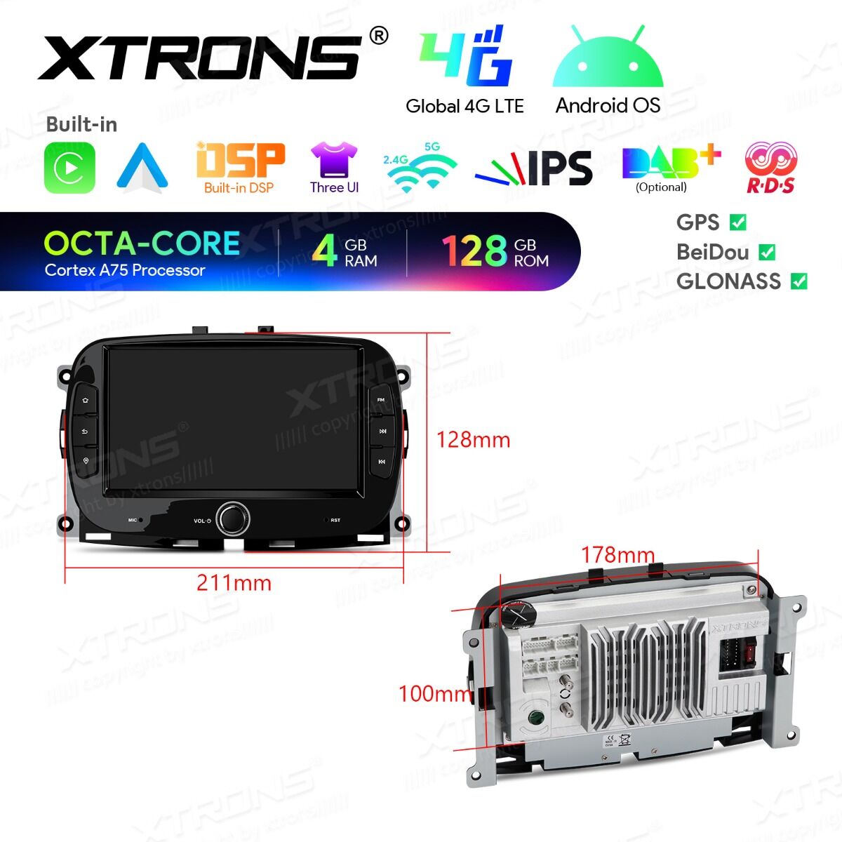 Fiat 500/Abarth 500 (2016-2019) 7 pollici Octa Core 4+128GB Global 4G Carplay Android auto Wireless BT GPS WIFI USB IAH74500FL