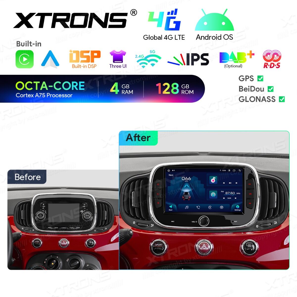 Fiat 500/Abarth 500 (2016-2019) 7 pollici Octa Core 4+128GB Global 4G Carplay Android auto Wireless BT GPS WIFI USB IAH74500FL