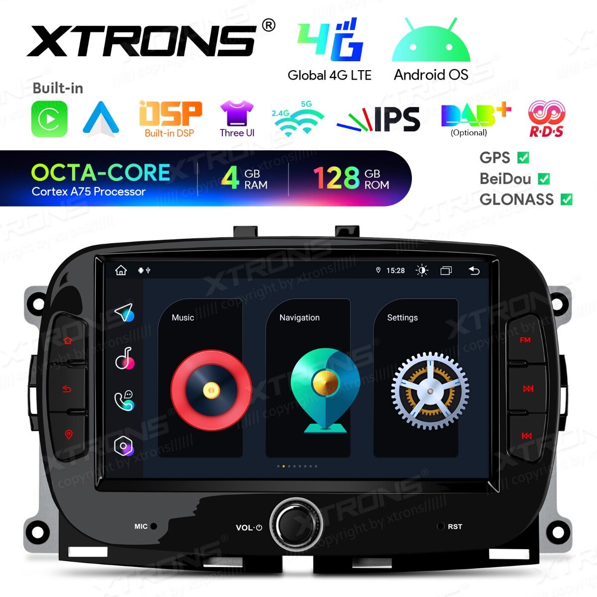 Fiat 500/Abarth 500 (2016-2019) 7 pollici Octa Core 4+128GB Global 4G Carplay Android auto Wireless BT GPS WIFI USB IAH74500FL