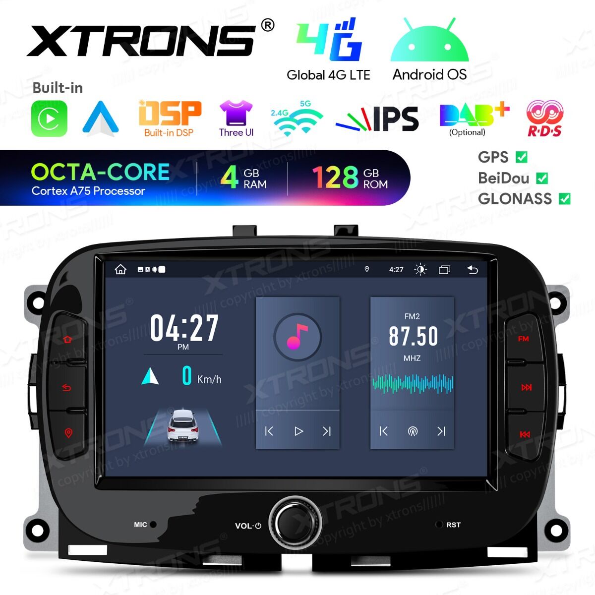 Fiat 500/Abarth 500 (2016-2019) 7 pollici Octa Core 4+128GB Global 4G Carplay Android auto Wireless BT GPS WIFI USB IAH74500FL